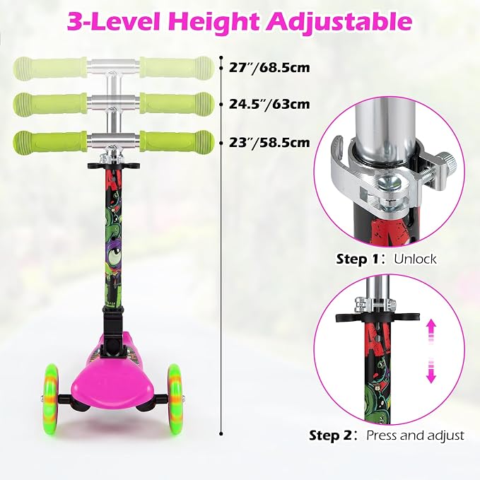 OLAKIDS Kids Kick Scooter with LED Front Wheels, 3-Level Adjustable Handlebars, Lean-to-Steer Design, Rear Foot Brake, Wide Anti Slip Deck, 3-Wheel Scooter for Kids Ages 2-5
