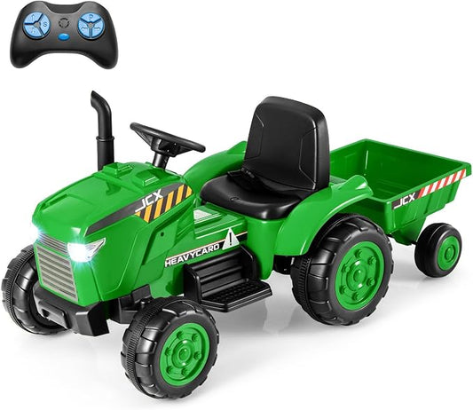 Costzon 2-in-1 Ride on Tractor, 12V Kids Ride on Car w/Detachable Trailer, Remote Control, Wireless Connection, Horn, Music/Lights/Spring Suspensions, Tractor Toys for Kids (Plastic Tires, Green)