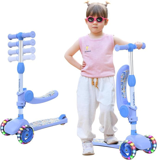 TONBUX Kids Scooter with Seat, 3 Wheels Scooter with PU Luminous Wheels, Non-Slip Handle and Wide Deck, Sensitive Brakes, 4-Level Adjustable Height, Scooters for Kids 2–8 Years