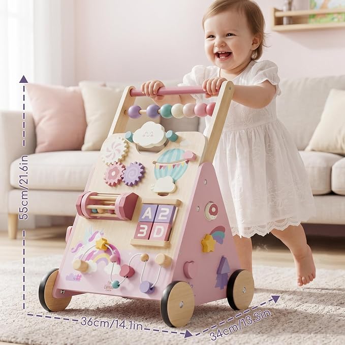 Lehoo Castle Unicorn Wooden Baby Walker, Adjustable Speed Baby Push Walker | Push Walker with 10-in-1 Activity Center, Montessori Walker Toy for 1 Year Old Girls Learning to Walk