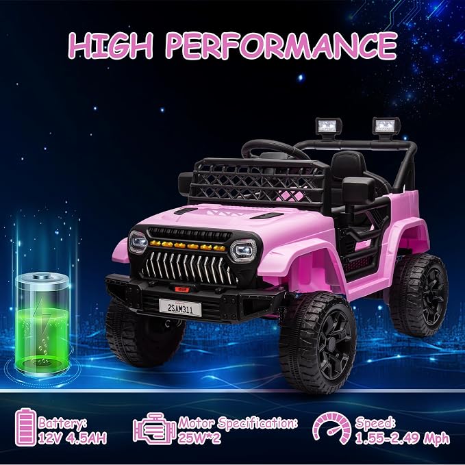 GarveeLife 12V Kids Ride On Truck Electric Vehicle Battery Powered Car Toddlers Ride On Toy for Boys Girls with Remote Control, 4-Wheel Suspension, Battery Display, LED Lights, Music, Pink