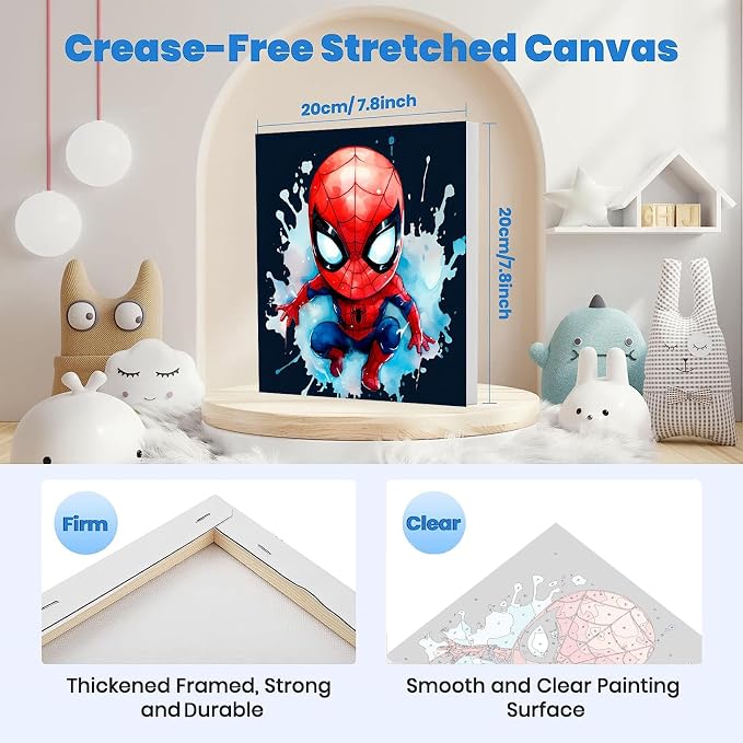 KOJEFCV 4 Pack Cartoon Paint by Numbers for Kids with Framed Canvas-with Wooden Easel, Paint by Number for Kids Ages 4-8-12, DIY Easy Acrylic Oil Painting Kits for Home Wall Decor (8X8inch)