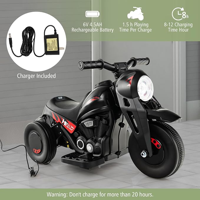 Costzon Kids Motorcycle, 6V Battery Powered Ride on Motorcycle with Bubble Maker, Music, LED Headlight, Forward & Backward, 3 Wheels Electric Motorcycle for Kids, Gift for Boys & Girls (Dark)