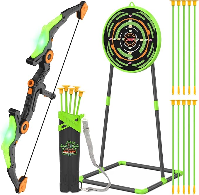 Kmuxilal Kids Bow and Arrow Set with LED Flash Lights, 10 Suction Cup Arrows, Quiver and Fluorescence Standing Target-Perfect Indoor and Outdoor Archery Set Toy Gift for Boys and Girls Ages 4-12