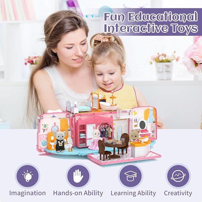 Dollhouse Playset, DIY Pretend Portable Caravan Camper Bus Toy Kit with Little Critters Bunny Dolls Mini Cottage House Set Camping Family Toys for Toddler 3 4 5 6 Year Old Girl