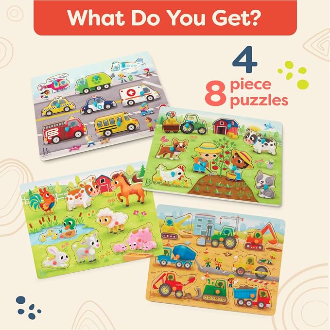B. toys – Peek & Explore Puzzle 4-Pack – Wood Toys for Toddlers, Kids – 8 Pieces Each – Vehicles, Trucks, Animals, Barnyard – 2+ Years