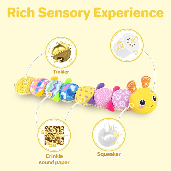 KMUYSL Baby Sensory Caterpillar Toys for 0-6 6-12 Months, Soft Plush Activity Toy with Crinkle, Rattle & Gentle Music, Tummy Time Toy for Infant Newborn, Early Development Toy Shower Gifts for Baby