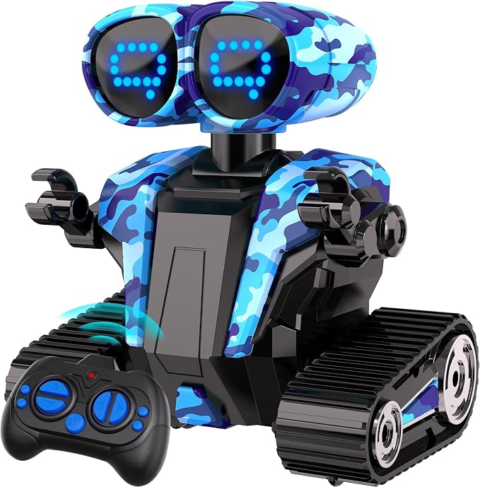MindPal Robot Toys Rechargeable RC Robots for Kids with LED Eyes Auto-Demonstration Dance & Sing Remote Control Emo Robots for Boys Girls, Camouflage Blue