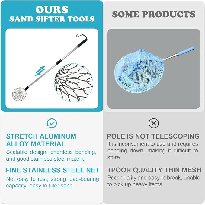 6Pcs Beach Sand Sifter, Adjustable Shark Teeth Sifter Shell Shovel Rock Scooper with Shell Collecting Bag- Beach Scoop Shovel and Sifter Tool for Picking Up Shells Beachcombing & Rock Hunting