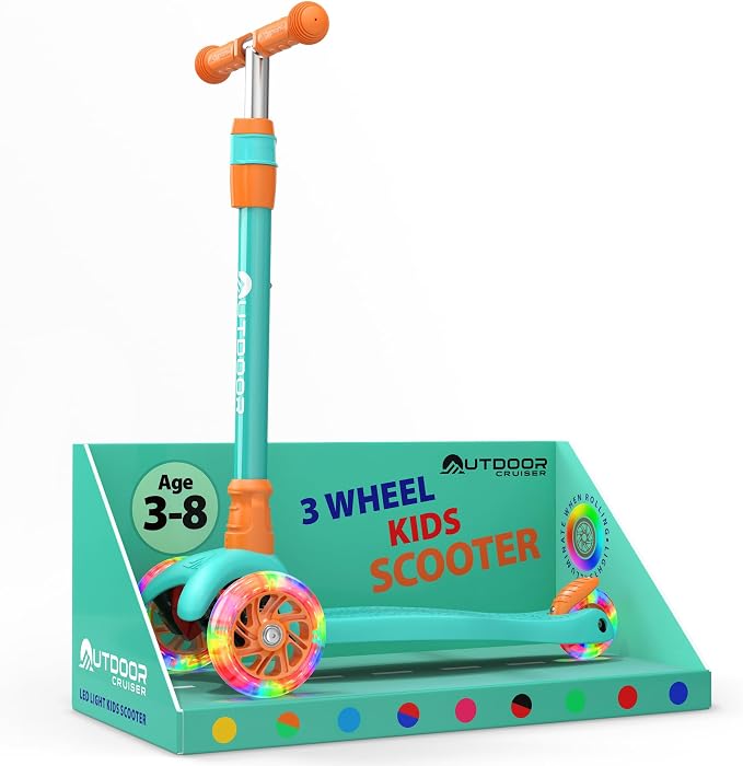 Outdoor Cruiser 3-Wheel Kids Scooter – with Lean-to-Steer Technology, Led Lighted Wheel, 4-Level Adjustable Height T-bar Handle, Support Kids Up to 150 Lbs, for Boys & Girls Ages 3-8, Aqua and Orange