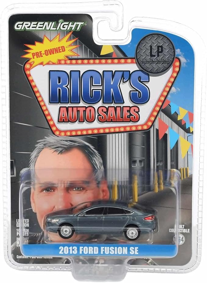 Greenlight 1/64 2013 Ford Fusion SE, Gray, Rick's Auto Sales, LP Diecast Exclusive 51623