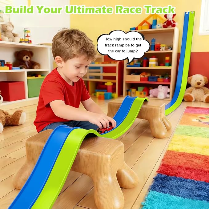 Flexible Race Track Toys for Kids, 15 Ft Flex Tracks Starter Set with Strong Suction Cups - Compatible with Hot Wheels and Diecast 1/64th Cars, Rolls up Portable Race Car Ramp Track (Blue Green)
