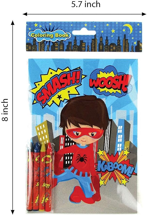 TINYMILLS Superhero Coloring Books for Kids – 12 Coloring Books with 48 Crayons, Superhero Party Favors, Classroom Rewards, Favor Bag Fillers, Superhero Birthday Party Supplies
