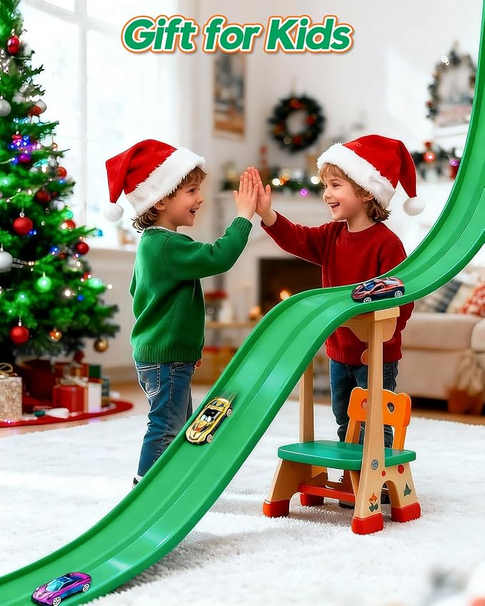 Flex Track 15 Ft Flex Race Car Track with 6 Toy Cars, Portable DIY Racetrack Compatible Diecast 1/64th Cars for Ages 3 Up with Suction Cups, Birthday Gifts for Boys(Green)