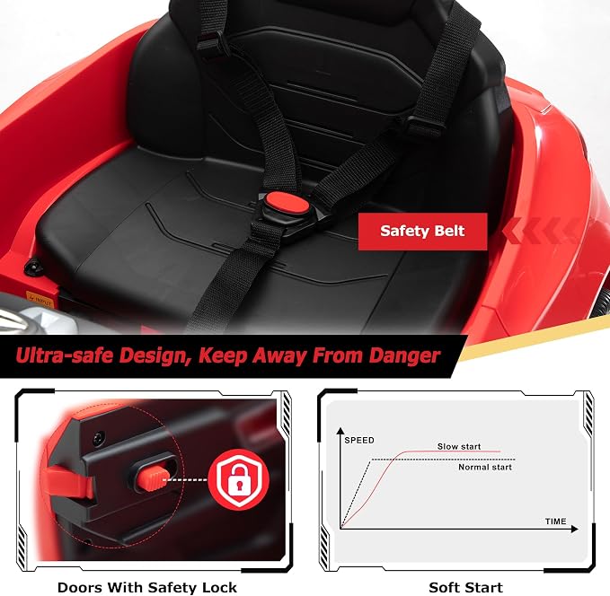 TOBBI Kids Electric Ride On Toy Car, Toddlers Battey-Powered Vehicle with Parental Remote Control/Soft Start/3 Speeds/Horn & LED for Children Ages 3-6 Years-Red