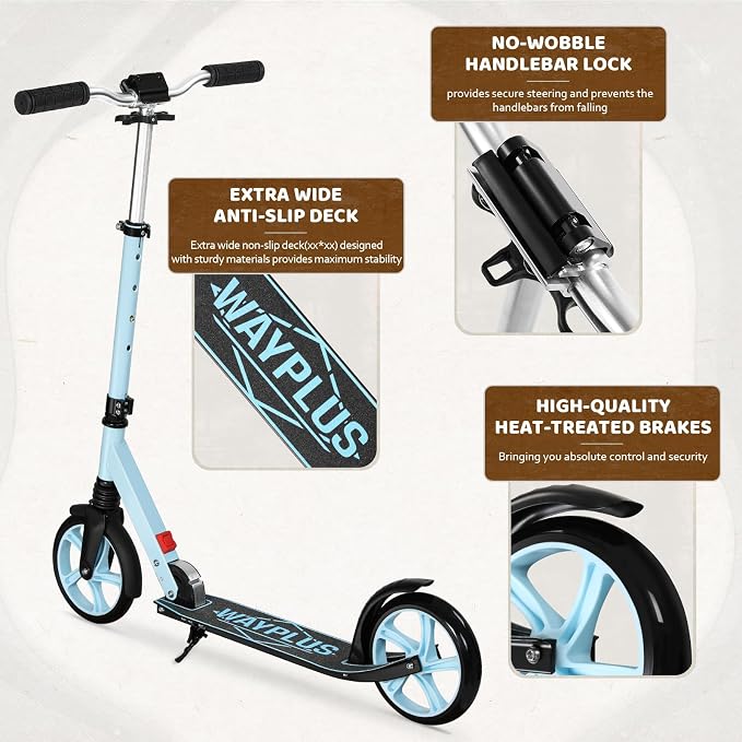 WAYPLUS KS1 Kick Scooter for Ages 6+,Kid, Teens & Adults. Max Load 240 LBS. Foldable, Lightweight, 8IN Big Wheels for Kids, Teen and Adults, 4 Adjustable Levels. Bearing ABEC9 FED Fitness