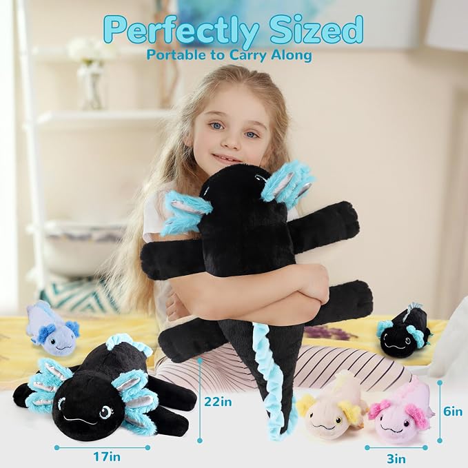 gnomantic Axolotl Stuffed Animals with Babies Inside, Mommy Toy for Kids | 5-Piece set: 1 mommy axolotl + 4 baby axolotls inside. Unzip belly to reveal surprise babies. Ultra-soft, ages 3-8.