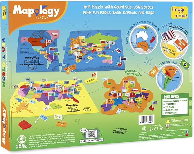 Imagimake Mapology USA & World Map Puzzle with Flags, Capitals, Stickers | Educational Toys for Ages 5-7 | Jigsaw Puzzles for Kids Ages 8-10 | Geography Toys for Age 8-13 | 6 Year Old Boy & Girl Gifts