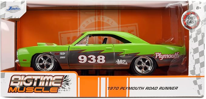 Jada Toys Bigtime Muscle 1:24 1970 Plymouth Road Runner Die-cast Car – Opening Doors, Hood, Trunk, Rubber Tires(Glossy Green)