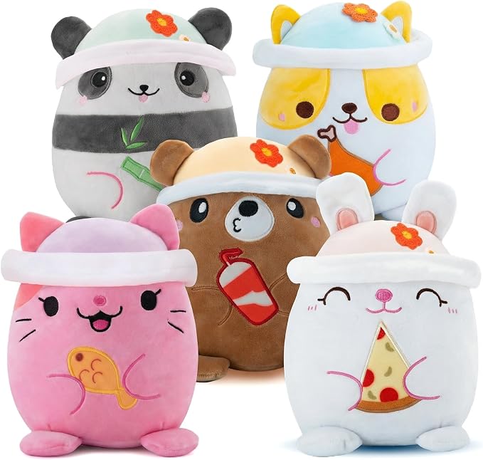 AIXINI Animal Plush Toys Set - Panda, Brown Bear, Bunny, Corgi, Pink Cat with Cute Hats, Soft Stuffed Animals for Kids, Christmas Birthday Gifts (Five-in-one, Medium Size)