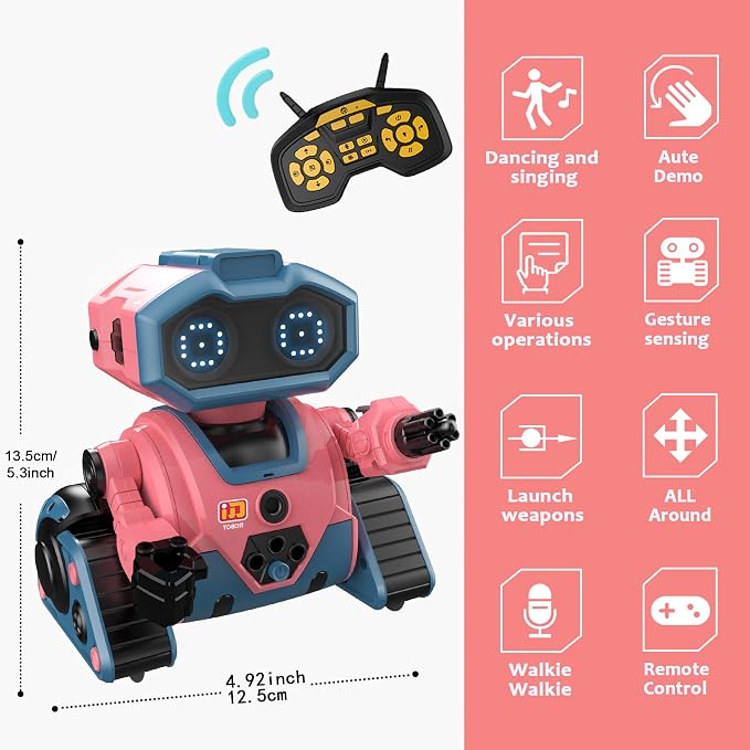 BYTEWAR Interactive Smart Robot Toys, Rechargeable Remote Control Emo Robot with Learning Gesture Sensing, Auto-Demonstration, Music and Dance, Shining LED Eyes, Robot Toy for Kids 3-5(Pink)