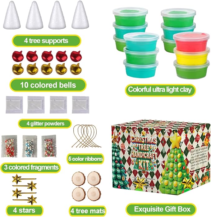 Xoprmey 12Pack Christmas Trees Crafts Kit - Air Dry Clay Christmas Trees Crafts for Kids,Modeling Clay DIY Kit for Kids,Great for Birthday Parties,School Winter Party Fun,for Age 3+
