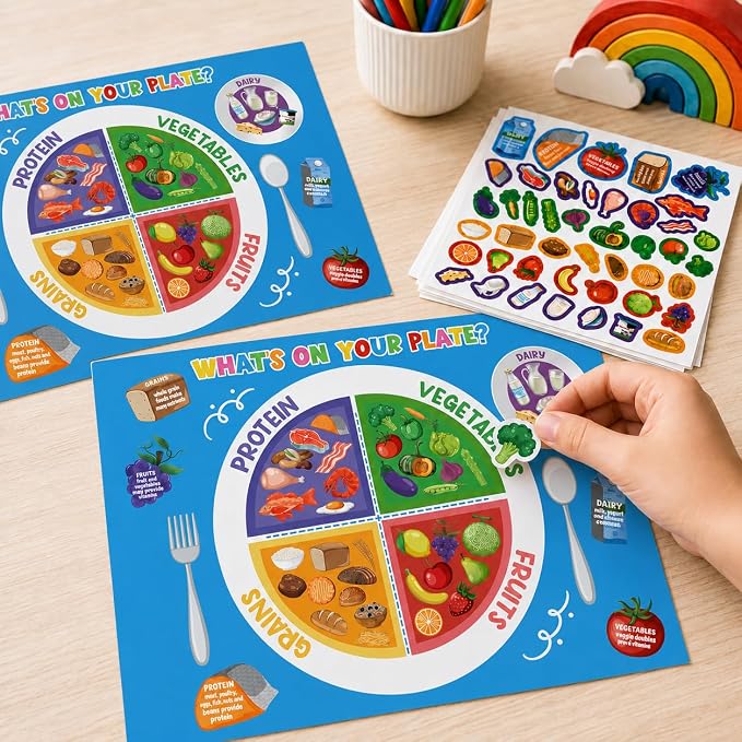 Cinrobiye 24 Set My Plate Food Stickers Preschool Vegetables Fruit Protein Grains Food Diary Early Learning Play Kit My Plate Food Chart Stories Games for Home School Classroom Supplies (Square)