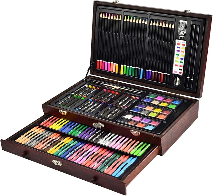 Sunnyglade 145 Piece Deluxe Art Set, Wooden Box & Drawing Kit with Crayons, Oil Pastels, Colored Pencils, Watercolor Cakes, Sketch Pencils, Paint Brush, Sharpener, Eraser, Color Chart (Cherry)