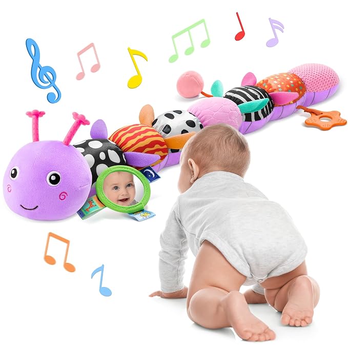 AWOTOY Baby Toys 6-12 Months Music Caterpillar Infant Toys Stuffed Animals | 0-3-6 Months Sensory Toys Tummy Time Teething Toys with Mirror Pull String Rattle for Newborn Boy Girl Shower Birthday Gifts