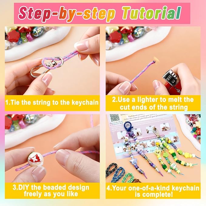 TOHONGADON 883 PCS Bead Keychain Making Kit, Colorful Bead Keychain Kits, DIY Bag Charm Kit, with Video Manual Gift Bags, Perfect for Gifts Party Festival Family Activity