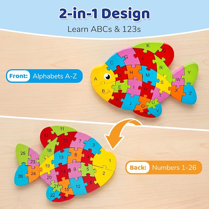 LovesTown Wooden Puzzles for Kids, Double Sided Goldfish Jigsaw with Alphabet & Numbers, Montessori Educational Toy for Toddlers, Chunky Animal Gift