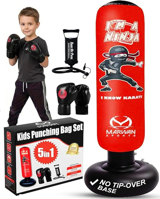 Marwan Sports Ninja Kids Punching Bag — Inflatable Sensory Toy & Birthday Gift for Boys & Girls Ages 4-12, 63" Freestanding 5-in-1 Kit, Indoor Apartment-Quiet Sensory-Friendly Active Play