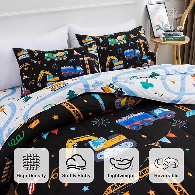 Holawakaka Trucks Tractors Cars Boy Bedding Comforter Set with Sheets, Full Size Cartoon Construction Car Excavator Print Kids Bed in A Bag 5-Piece, Boys Reversible Dorm Bed Sets (Black Full)