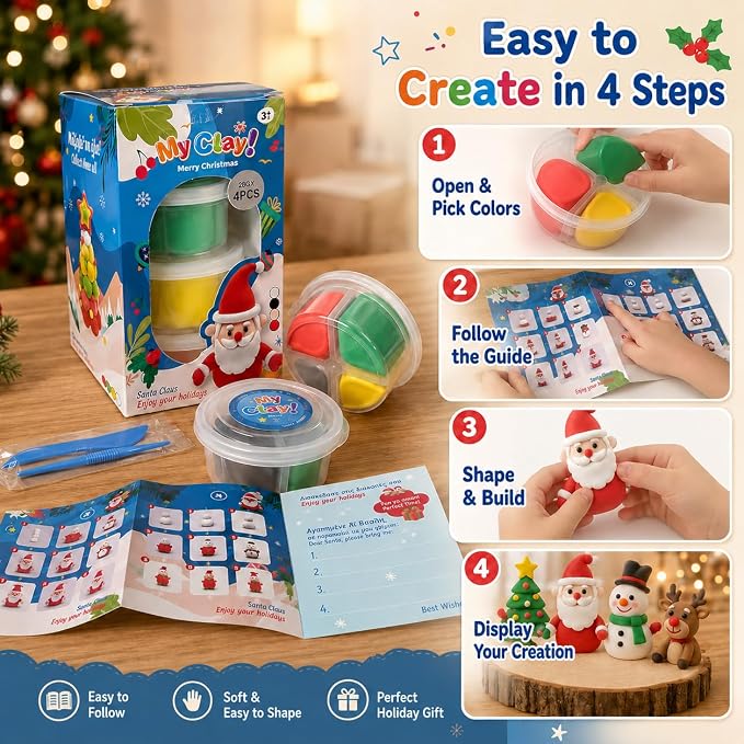 Air Dry Clay for Kids, 4 Christmas Mini Modeling Clay Sets, DIY Snowman Model Magic Clay Kit with Tools & Tutorials, Christmas Stocking Stuffers for Kids, Creatible Art Crafts Toys Gifts Xmas Gift