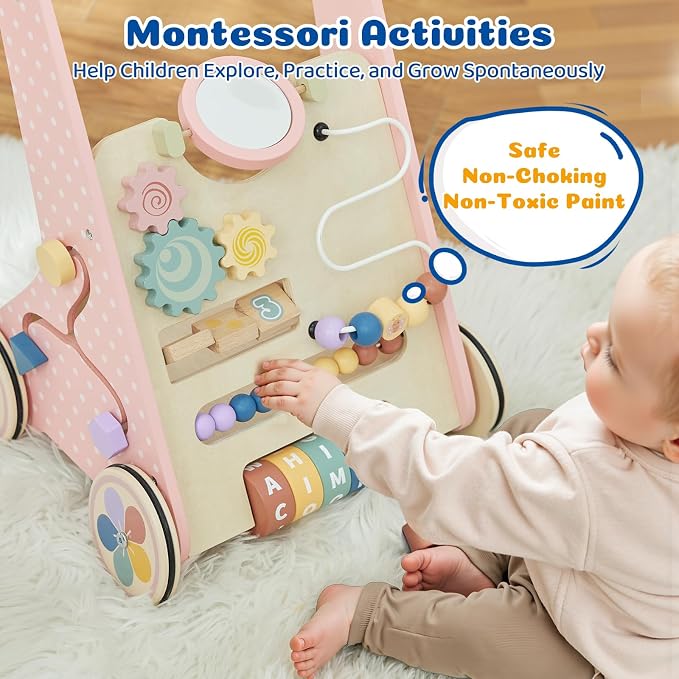 Wooden Baby Walker with Wheels, Montessori Push Walker | Adjustable-speed wooden baby walker with Montessori activities and rubber wheels for safe learning to walk.