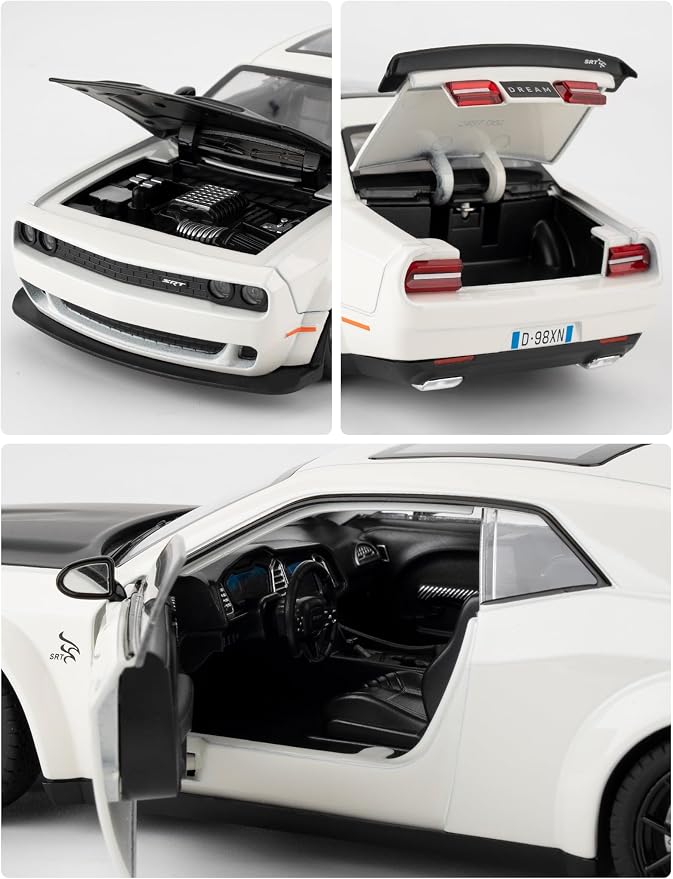 Compatible for 1/24 Dodge Challenger SRT Hellcat Car Model, Collectible Die-Cast Model Car with Lights and Sounds,Pull Back Car Toy for Adults Kids Birthday Gifts Decoration (White)