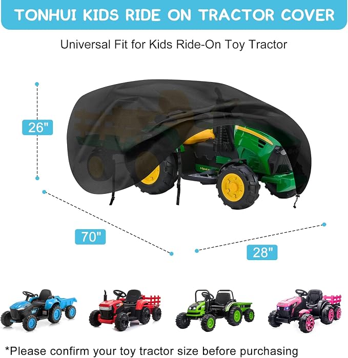 Kids Ride On Toy Tractor Cover, 70" L x 28" W x 26" H Outdoor Waterproof Cover for Kids Electric Tractor with Trailer, Universal and All Weather Protection