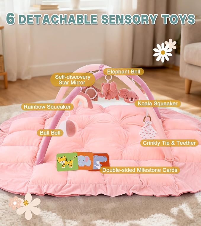 5-in-1 Baby Play Gym and Tummy Time Mat, 12 Learning Cards, Plush Activity Mat with 6 Toys, Baby Gym, Convertible to Ball Pit, Baby Gift, Light Pink