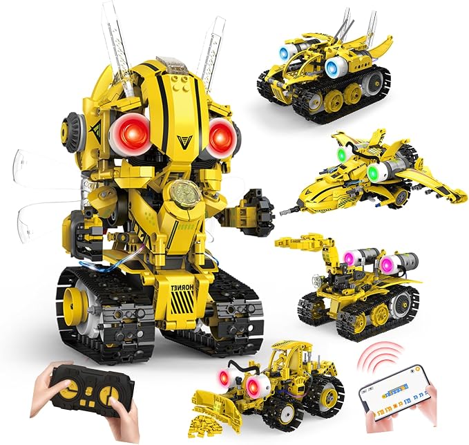 5-in-1 STEM RC Robot Building Blocks Kit, Educational Toys Age 6-12 | Remote & app controlled rechargeable motorized, 673pcs, LED light & sound, programming coding - birthday gift 7-10 yr