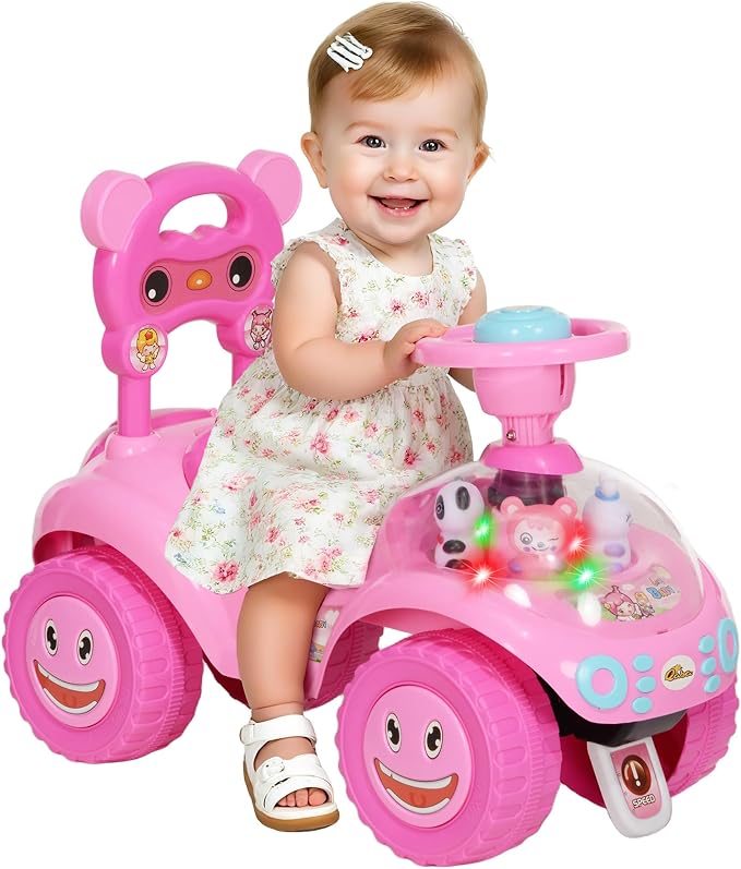 Qaba Toddler Push Car, Foot to Floor Ride on Toy with Horn, Light, Music, Steering Wheel, Anti-Over-Backwards Device & Under Seat Storage, Baby Sliding Car for Boys Girls 18-36 Months, Pink