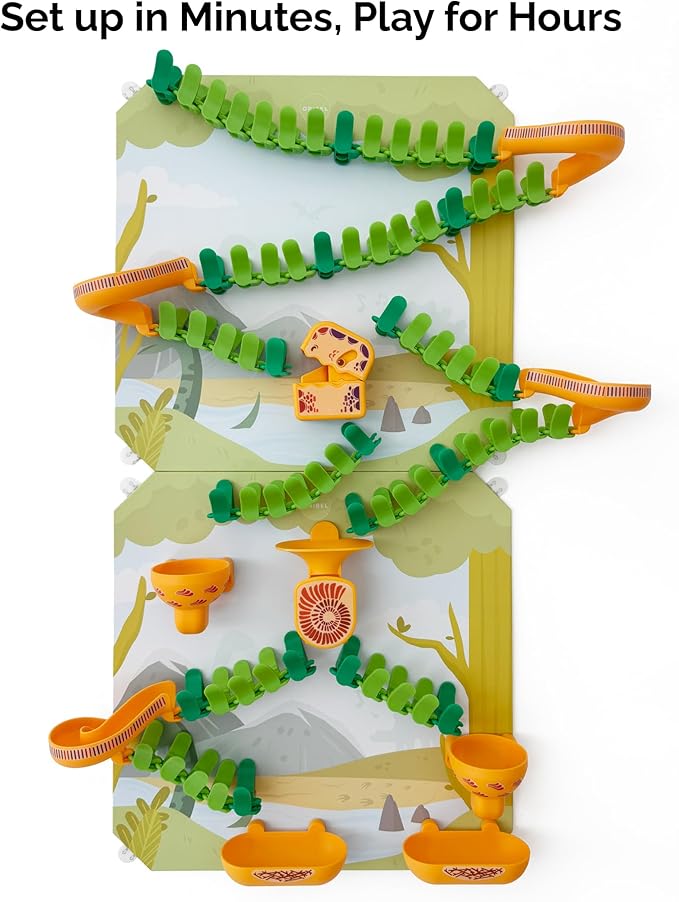 Oribel VertiPlay Magnetic Marble Run | 100 pcs STEM Toy, Dino Quest Edition | 2 Magnetic Play Boards | Wall Toy for Kids Age 5+ | Magnetic Track-Building Set | Dinosaur-Themed Stick-On Playboard