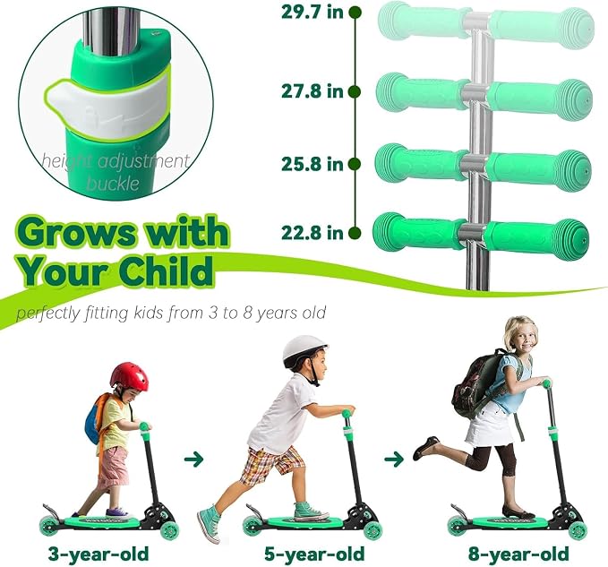 Scooter for Kids Ages 3-5, LED Light Up 3 Wheel Toddler Scooter with 4 Adjustable Heights, Lean-to-Steer Wheels, Safe Metal Brake, Foldable Kick Scooter for Boys Girls, Support 120 lbs, Birthday Gift