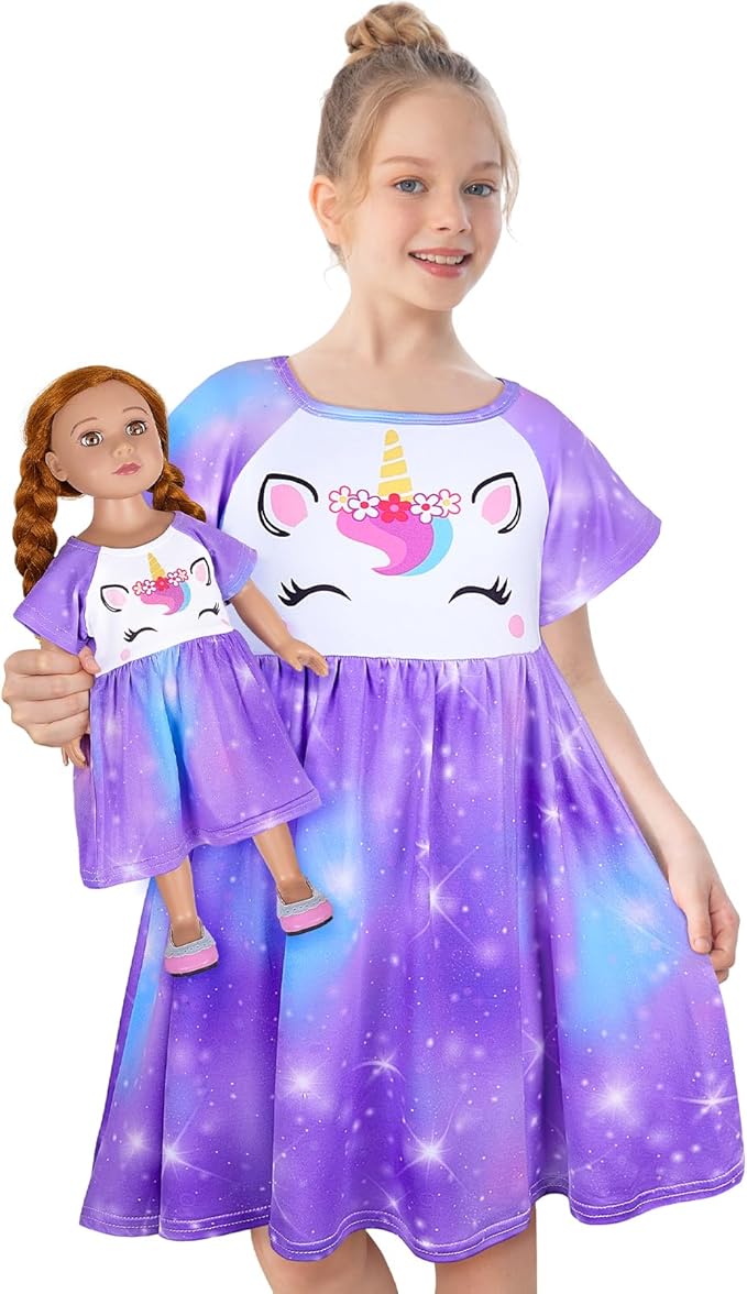 Play Tailor Doll and Girl Matching Nightgown Unicorn Outfit Pajamas Night Dress for Girls and 18" Dolls Clothes