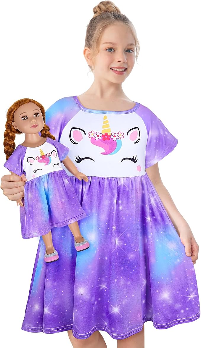 Play Tailor Doll and Girl Matching Nightgown Unicorn Outfit Pajamas Night Dress for Girls and 18" Dolls Clothes