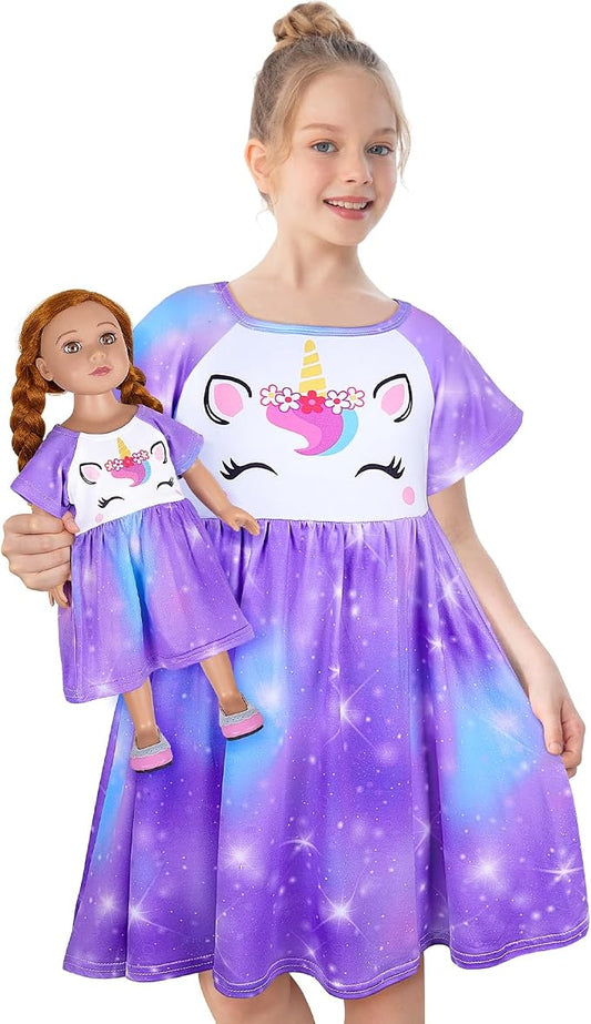 Play Tailor Doll and Girl Matching Nightgown Unicorn Outfit Pajamas Night Dress for Girls and 18" Dolls Clothes
