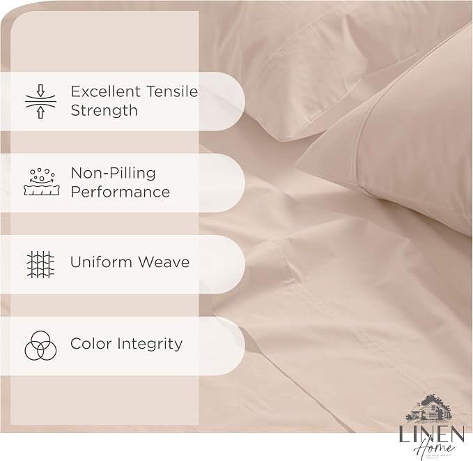 Linen Home 2-Pack Queen Sheet Set, 100% Cotton Percale Bedding, 8-Piece Value Bundle, Deep Pocket Cooling Bed Sheets for Hot Sleepers, Breathable & Crisp Hotel Quality, Long-Staple Cotton, Sand Shell