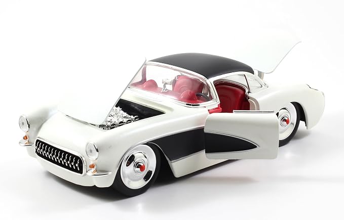 Jada Toys Bigtime Muscle 1:24 1957 Chevy Corvette Die-cast Car – Opening Doors, Hood, Trunk, Rubber Tires(White/Black)