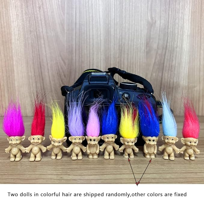 10PCS Mini troll Dolls, Assorted Hair Colors Vintage troll Dolls Action Figures 1.2" Cake Toppers Chromatic Adorable Cute Little Guys Collection, School Project, Arts Crafts, Party Favors