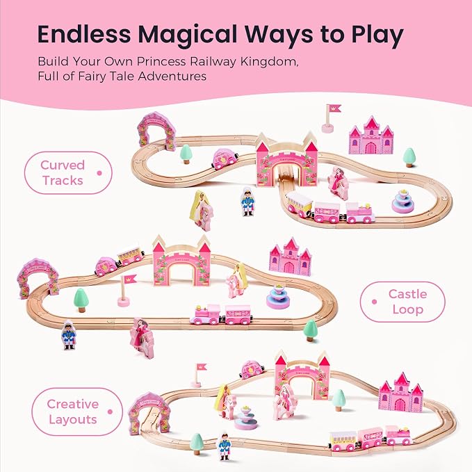 Tiny Land Wooden Train Set for Girls, 38PCS Unicorn Princess Train Set with Castle Bridge & Royal Accessories, Pink Fantasy Train Track Set, Gift for Toddlers Girl Toys Ages 3+