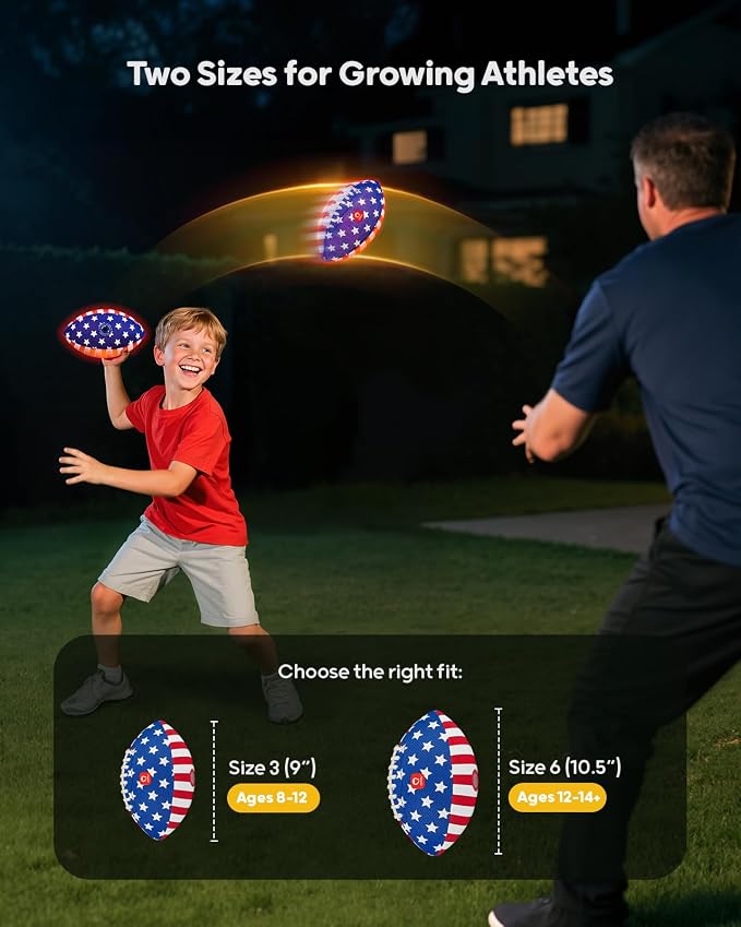 QPAU Glow in the Dark Football – 2 Pack Size 6 for Kids Ages 6-12, Strong Grip Light Up Football, Backyard Camping Outdoor Toy, Pump and Batteries Included, Birthday for Boys Girls